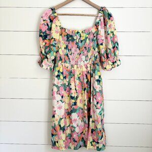 Gap multi color floral linen blend dress with puff sleeves